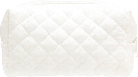 PAZIMIIK Small Quilted Makeup Bag,Zipper Cosmetic Pouch,White Floral | Lightweight Cosmetic Bag Organizer for Women,Purse Storage Holds Makeup,Toiletries,Skincare,Beauty Essentials,Travel Items