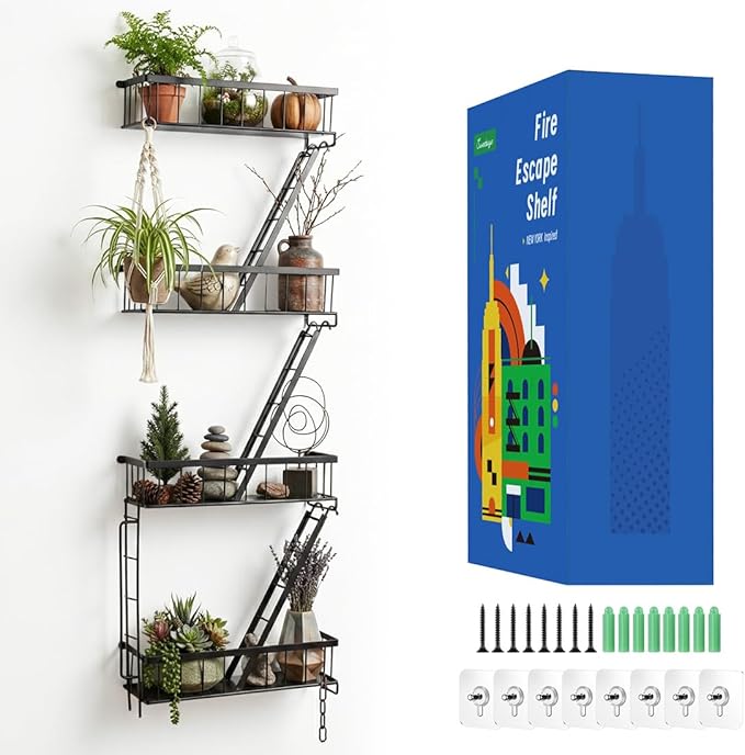 Fire Escape Wall Shelf 4 Tier - NYC Decorative Floating Shelf Black Metal Book Shelves for Home Office Apartment Organizer and Display