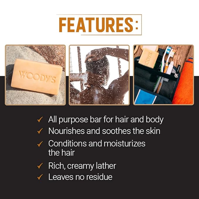 Woody's Men's 2-in-1 Hair & Body Shampoo Bar, Rich, Thick Lather Formula, Conditions, Nourishes, Moisturizes, For All Skin Types, 8 Oz.