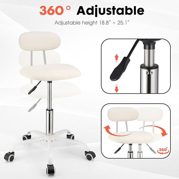 Square Rolling Stool with Backrest Height Adjustable Chair Swivel Drafting Chair Stool Chair with Wheels Stable Base Foot White