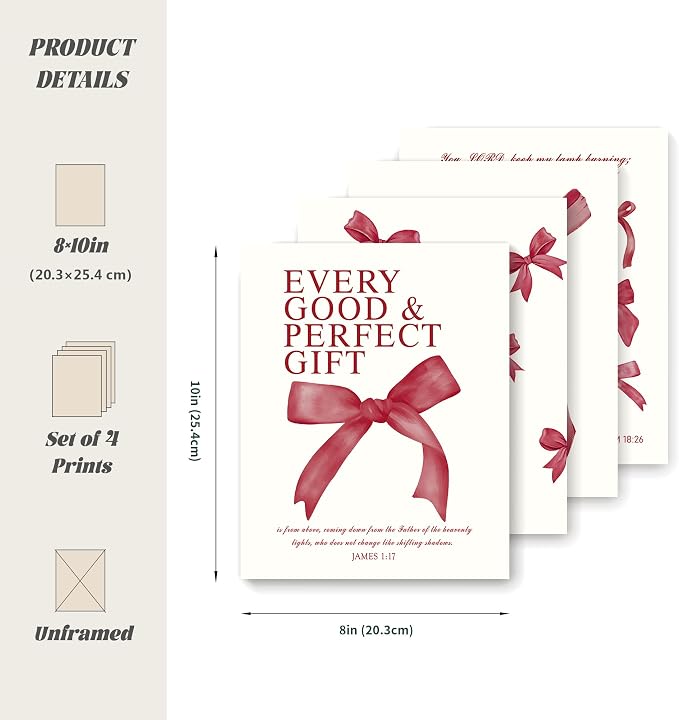 LARTSFRO Coquette Red Bow Wall Art Decor Posters, Red Bow Christian Room Bedroom Bathroom Dorm Wall Art Decor Aesthetic for College Teen Girls Gifts, Inspirational Bible Verses Bow Wall Decor, 10x8 Inch Set of 4 Pcs Bow Pictures (UNFRAMED)