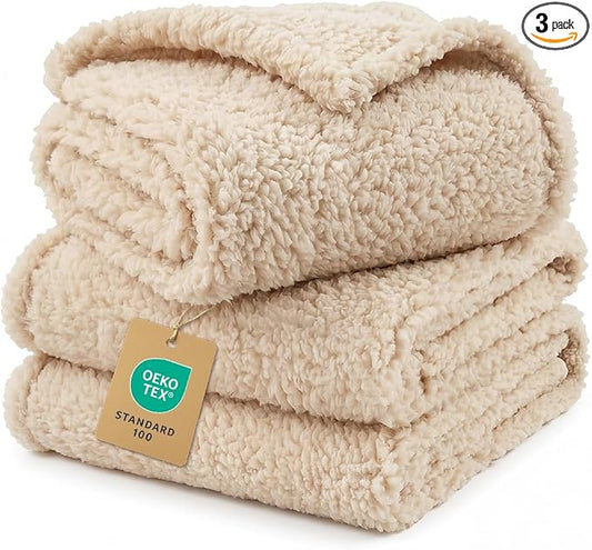 1 Pack 3 Calming Blankets Fluffy Premium Fleece Pet Blanket Soft Sherpa Throw for Dog Puppy Cat Beige Large (41" x31'') | Fluffy Throw Blanket Washeble for Crate Bed Couch Indoor. Cozy Pet Blanket, Puppy Essentials Dog gift,Beige,Large