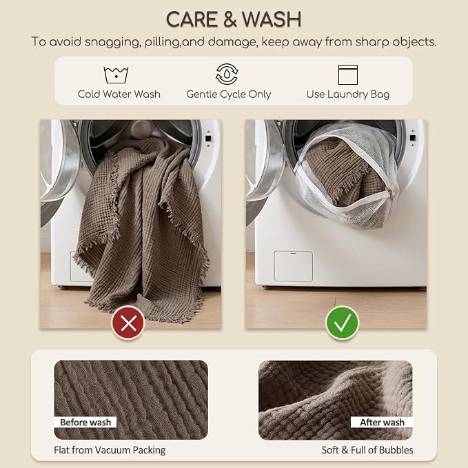 WDCOZY 100% Cotton Muslin Blanket King Size 4-Layer for Bed Breathable Lightweight Soft Large Boho Farmhouse Linen Tassels Ruffle Gauze Blankets 108x90 Inches Brown Mocha Chocolate Coffee Taupe