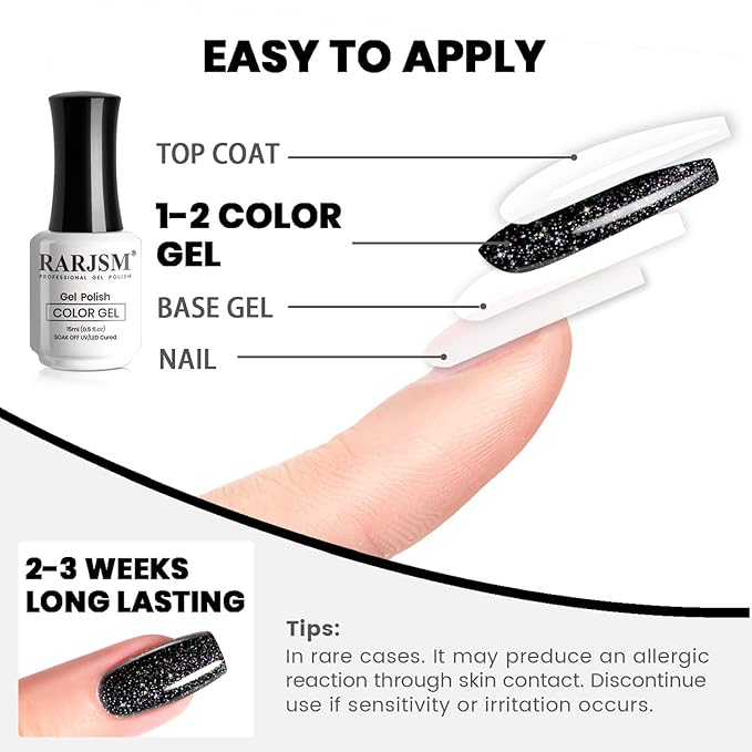 RARJSM Black Glitter Gel Nail Polish Chunky Iridescent Rainbow Sparkle Laser Holographic Small Flakes Shimmer Diamond Gel Polish Single Bottle Soak off UV LED Cured for Home Salon Manicure 15ML