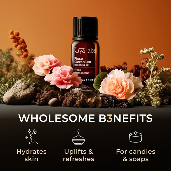 Rose Geranium Essential Oil for Skin & Bergamot Oil for Diffuser Set - Aromatherapy Grade Essential Oils Set - 2x0.34 fl oz - Gya Labs