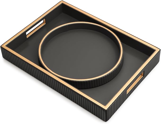 Leather Tray Desktop Storage Organizer, Decorative Tray Set, Black | Premium Serving Trays Valet Tray for Sundries Cosmetics Phone Wallet Cutlery, Set of 2, Black Holder with Disc