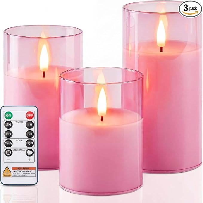 Homemory Pink Glass Flameless Candles, Battery Operated LED Pillar Candles with Remote & Timer, Real Wax Flickering Candles, Romantic Decorative Lights for Home Wedding Party, Set of 3