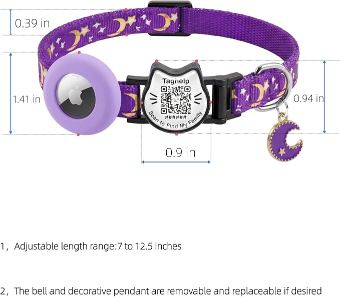 Breakaway Safety Cat Collar with QR Code ID, Integrated AirTag Holder, Adjustable Kitty Collar with Stars and Moon & Glow-in-the-Dark Charm, Purple