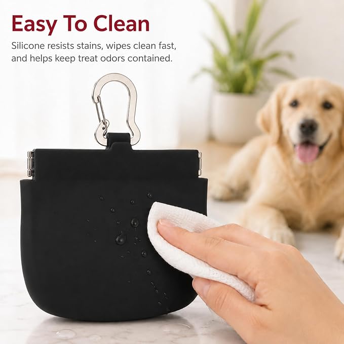 Silicone Dog Treat Pouch for Pet Training One-Hand Access One Cup Silicone Treat Bag with Pull Tab and Auto Closing Lid Treat Pouches for Leash(Color: Black)