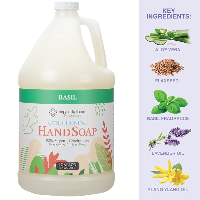 Ginger Lily Farms Botanicals Conditioning Liquid Hand Soap Refill, 100% Vegan & Cruelty-Free, Basil Scent, 1 Gallon (Pack of 4)