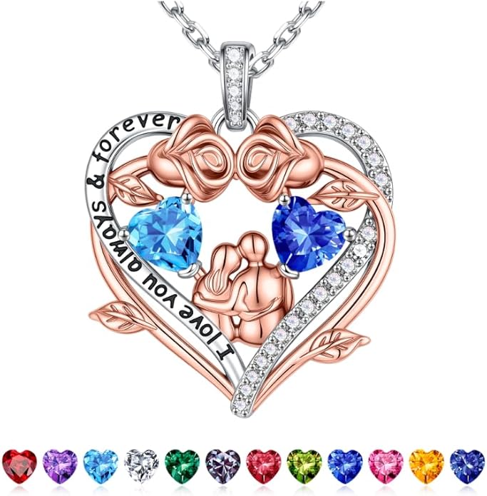 Iefil Valentines Gifts for Her Wife - 925 Sterling Silver Double Heart Birthstone Necklace, Anniversary Birthday Gifts for Women Wife Girlfriend