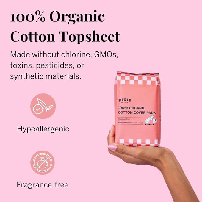 Pixie Organic Cotton Ultra Thin Postpartum Pads for Women - Extra Heavy Absorbency with Wings - Leak-Proof, Hypoallergenic & Unscented for Feminine Care - Compostable, Biodegradable - 12 Count