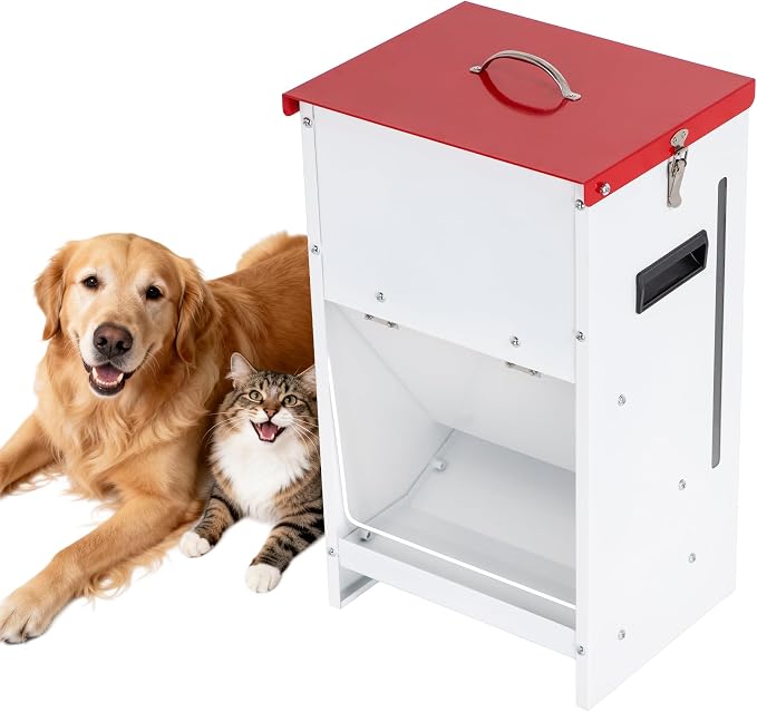 Automatic Dog Feeder - 50LBS Capacity Auto Gravity Dispenser | Powder Coated Dog Feeder, Waterproof for Indoor & Outdoor Use, 16.1"L x 12.2"W x 27.8"H, Red and White