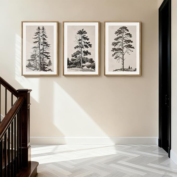 ANHUIB Vintage Tree Sketch Framed Canvas Wall Art 16x24 Inch Neutral Wilderness Forest Paintings Retro Botanical Wall Decor Set of 3 Black and White Landscape Prints for Living Room Bedroom Office