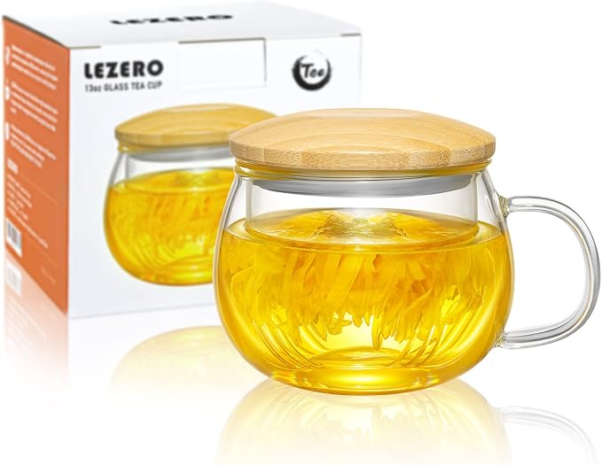 Lezero 13oz Tea Mug with Infuser and Lid Kit, Glass Teacup with Filter for Steeping Blooming & Loose Leaf Tea, Heat Resistance, Lead-free, Microwave & Dishwasher Safe, Gifts Box Include