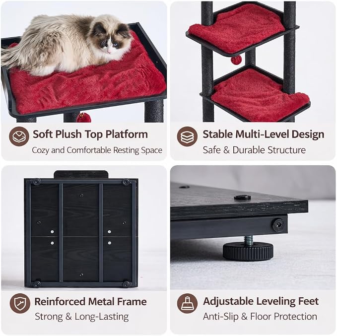 FourFurPets Heavy Duty Cat Tree, 67.7" Cat Tree for Indoor Cats Large Adult, Modern Cat Tower for Large Cats, Cat Tower with Scratching Post, Large Perch and Removable Pads,Black & Red