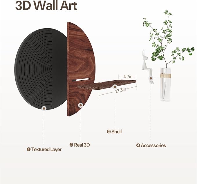 3D Textured Abstract Modern Black and Brown Round Wall Art Decor, 24x24 In | With shelf, Minimalist, Geometric circle, Artwork for walls, Sandstone textured, Living room, Dining room Hallway wall decor