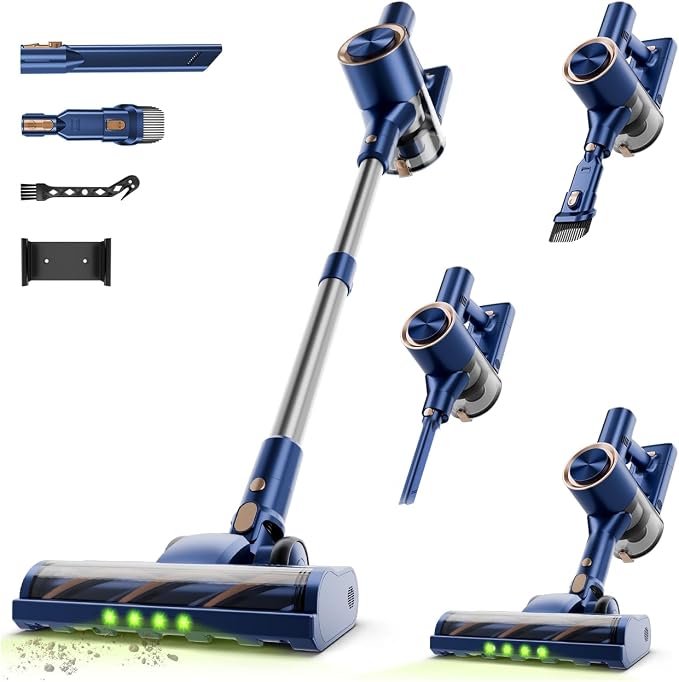 Cordless Stick Vacuum Cleaner - 45KPA Powerful Suction Vacuum with 45 Min Runtime, Detachable Battery, Anti-Tangle & 1.5L Dust Cup, 8 in 1 Vacuum Cleaner for Pet Hair, Carpet, HardFloor, Blue