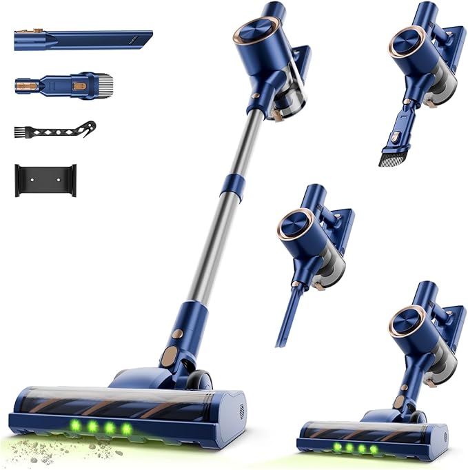 Cordless Stick Vacuum Cleaner - Rechargeable,45Kpa Powerful Suction Vacuum for Home,45Mins Runtime,Detachable Battery,Anti-Tangle, 8 in 1 Lightweight Vacuum for Pet Hair Carpet Hardwood, Blue