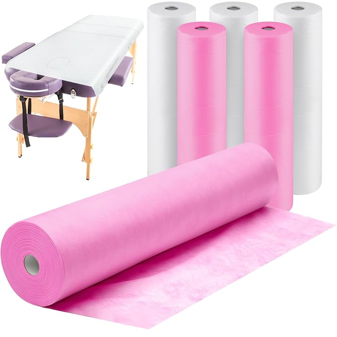 Tudomro 6 Rolls Disposable Non Woven Bed Sheets 24 x 71 Inch Massage Table Paper Covers Non Woven Fabric Massage Sheets Waterproof Spa Breathable Bed Cover for Beauty Salon (White and Pink)
