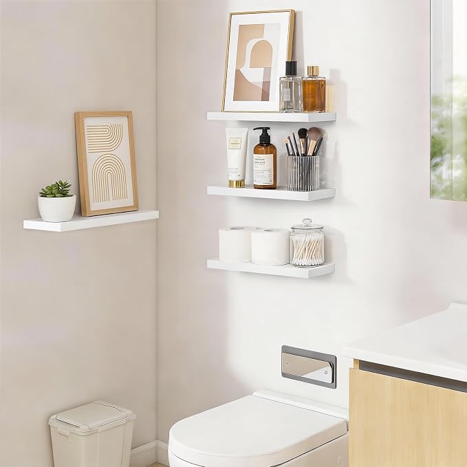 BAYKA White Floating Shelves 15.7in, Set of 4, Wall Mount Rustic Wood Shelf | Easy Install, 22lbs Max Load, Hidden Bracket, Hanging Shelf for Books/Storage/Room Decor, Multi-Wall Compatible