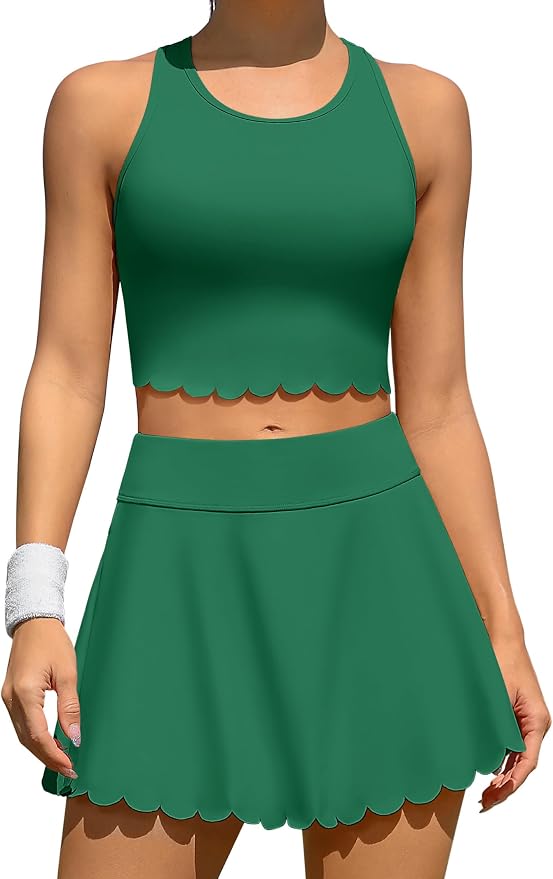 ATTRACO Tennis Outfits for Women Racerback Golf Dress Workout Dress | Athletic Skirt Set, Built-in Shorts, 2 Pockets, Scalloped, Racerback, High Waisted, Pickleball, Workout Set