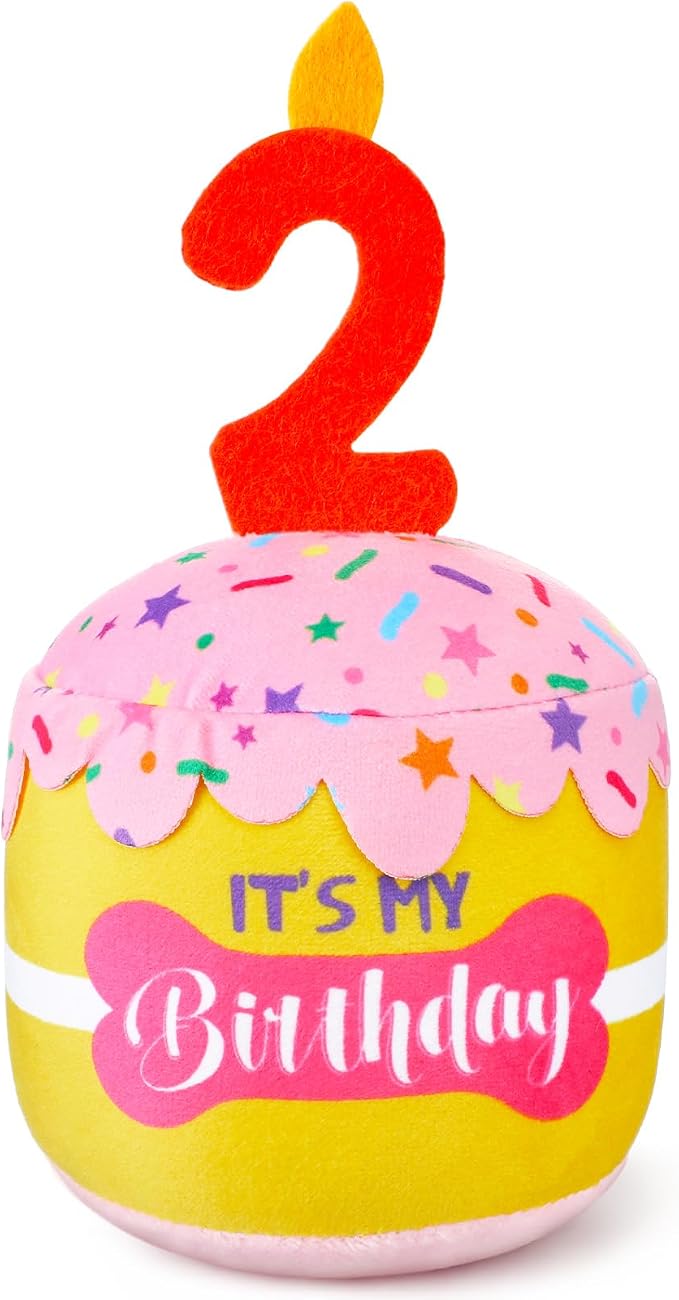 Dansydaisy Dog Birthday Cake Toy Squeaky Plush Gift,2nd,Pink and Yellow