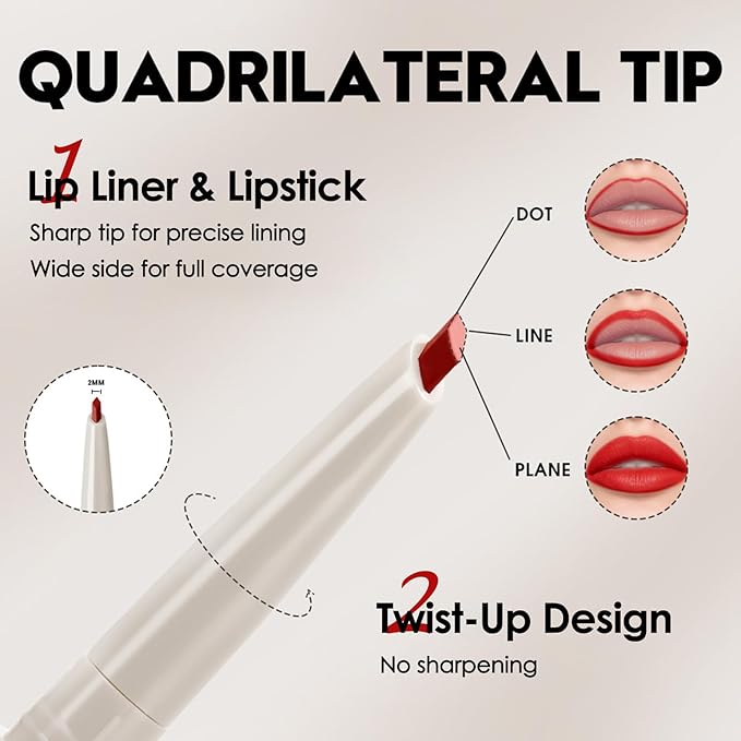 Erinde Long-Lasting Lip Liner Pencil, 2-in-1 Matte Lipliner Pencil for Sculpting & Filling, Rich Color Creamy Waterproof Lip Liner Crayon, Lip Contour Tint Makeup, Vegan & Cruelty-Free, 03 Vibrant Red