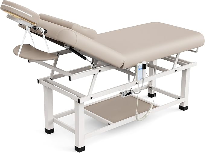 Heating Function 30 Wide x 75 Long Heavy Duty Electric Stationary Massage Table with Backrest Adjustable and Storage Space for Treatment/Medical Spa/Facial/Beauty/Massage Bed and More - Beige Gray