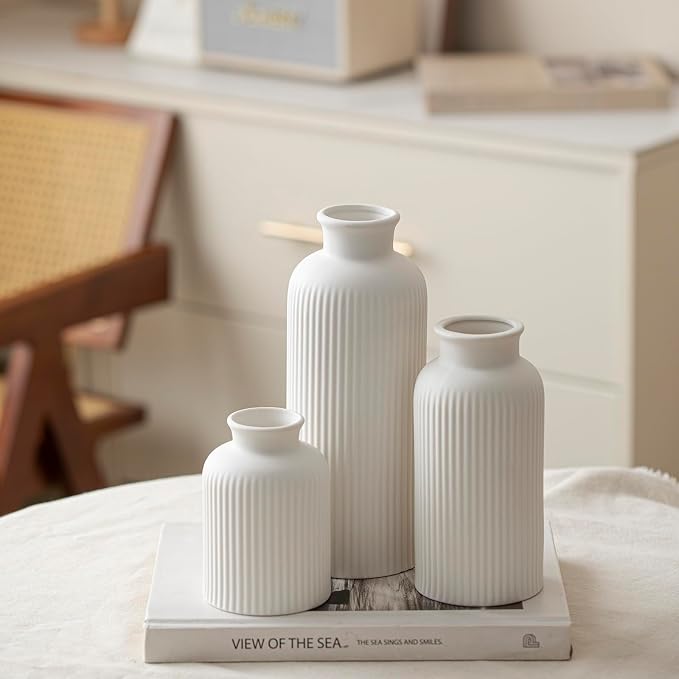 Large Modern Ceramic Vase Set, White Ribbed Matte Design, 3-Piece Decorative Vases for Home, Living Room, Office (XL White)