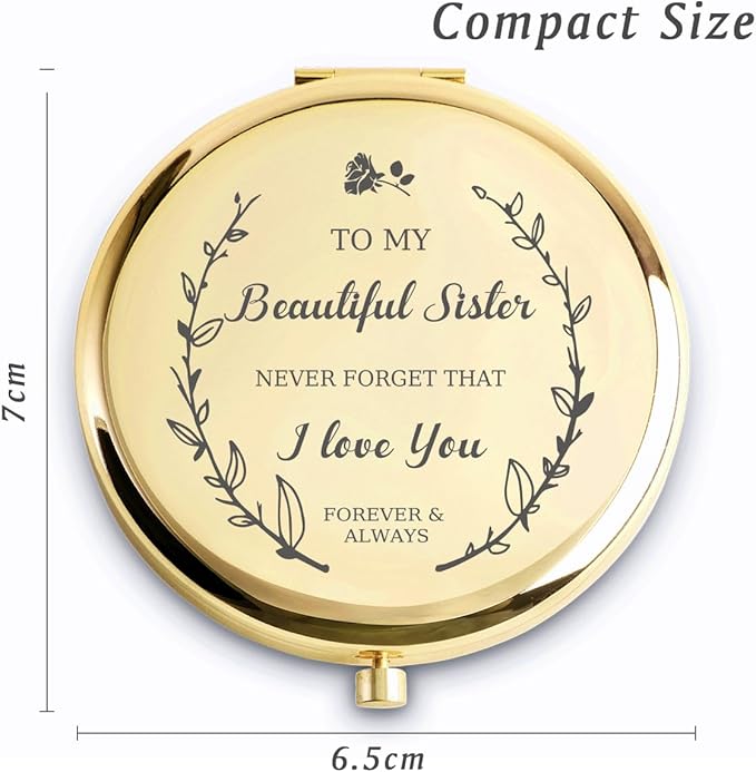 Sister Gifts, Personalized Gift for Sister, Custom Compact Mirror, Goodie Bag & Basket Stuffers for Valentines Day, Mothers Day, Graduation, Birthday, Wedding