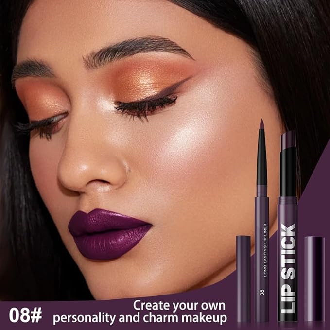 2Pcs 2 in 1 Matte Dark Purple Lip Liner and Lipstick Combo Set for Women,Lipstick Stain Lip Liner for Daily & Party Long Lasting Waterproof Smudge Proof 24 Hour Full Coverage Vegan Lip Makeup Kit