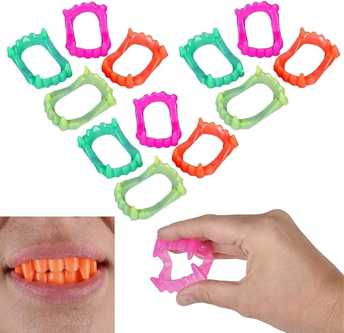 The Dreidel Company 12 Halloween Teeth Neon Fangs Teeth, Costume, Funny Halloween Dress-Up, Pretend Play Decoration 12-Pack