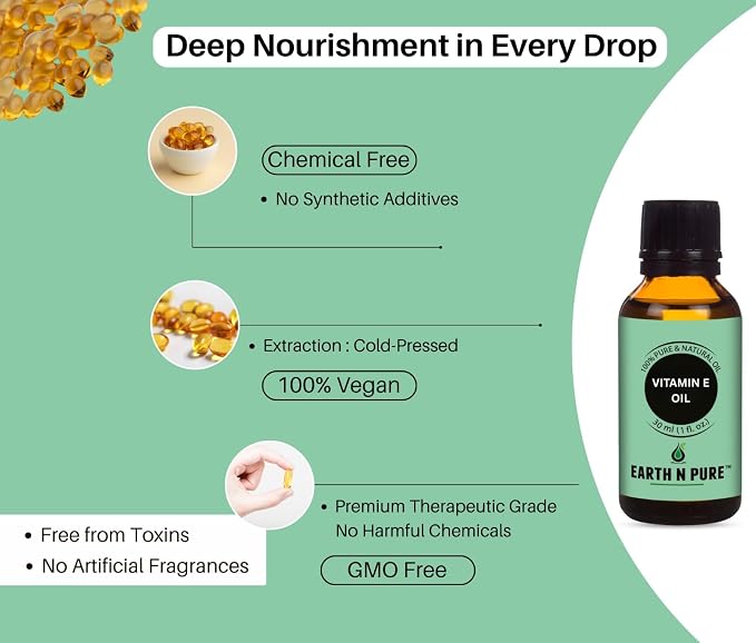 Earth N Pure Vitamin E Oil for Skin & Hair 50ml | 100% Pure & Natural Tocopherol Oil | Face Moisturizer, Deep Skin Hydration, Dark Spots, Scars, Nails, Scalp & DIY Skincare b| 100ml