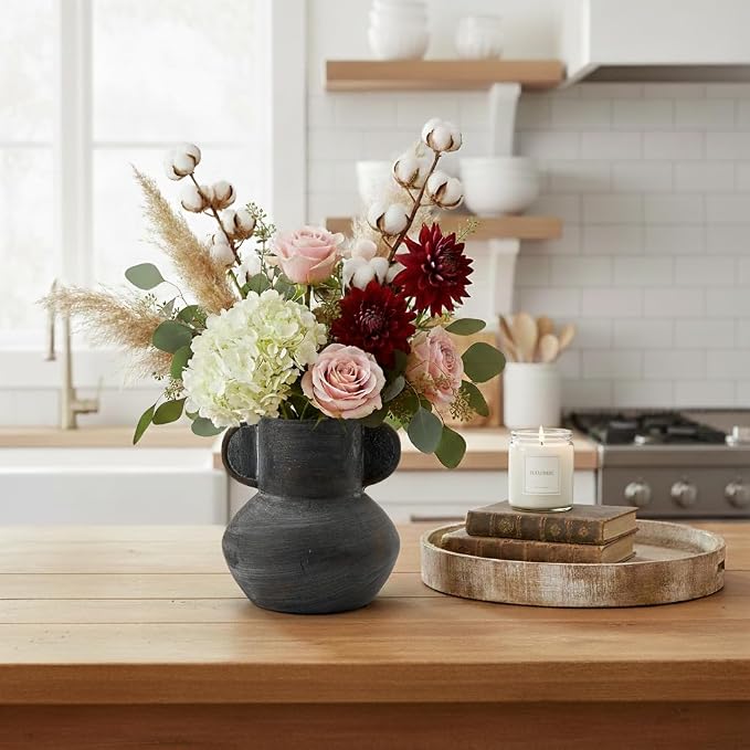 Emotionally Grounded Vase, Vaseking Ceramic Rustic Vase with 2 Handles, 6.1 inch Minimalist Decorative Farmhouse Vases for Home Decor, Living Room, Enterway, Table Decoration, Black Bronze