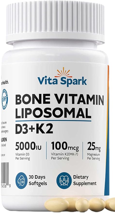 Vitamin D3 K2 - Liposomal Bone Vitamins Supplement, 5000IU D3, 100mcg K2 MK7 & Magnesium for Women and Men | Supports Bone, Teeth, Heart, Immune and Vascular Health*, 30 Days Mini Softgels
