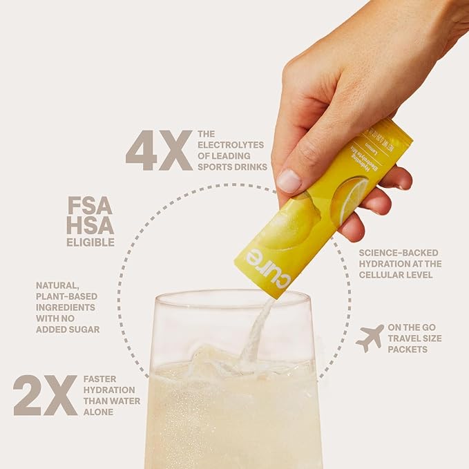 Cure Hydration | Plant-Based Electrolyte Drink Mix | No Added Sugar | Dehydration Relief Powder Made with Coconut Water | Non-GMO | Vegan | Pouch of 14 Packets - Peach Mango