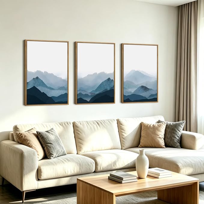 BINCUE Framed Blue Mountain Wall Decor Fog Blue Ridge Mountains Wall Art for Living Room Bedroom Office 16x24 Inches Set of 3