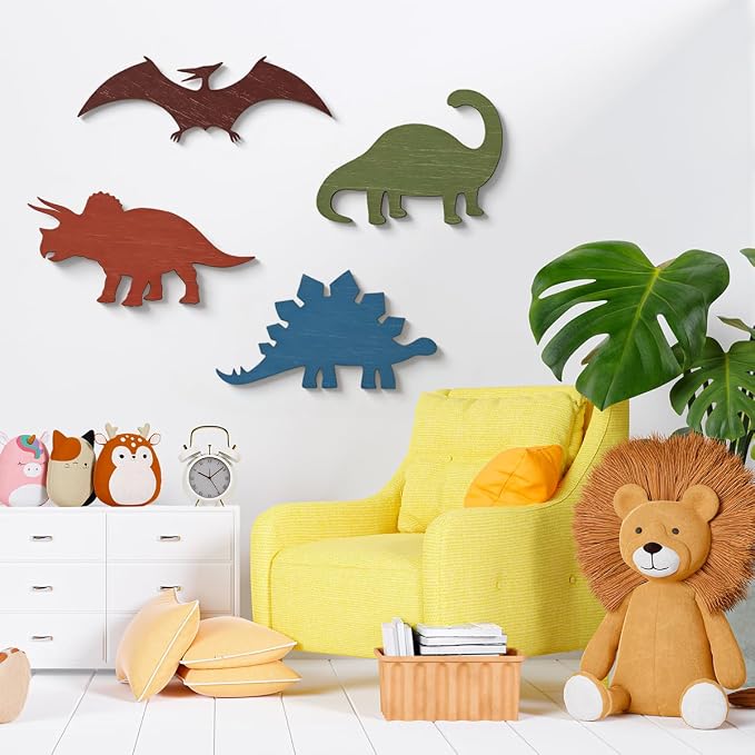 BQXH 4 Pcs Dinosaur Wall Decors Wooden, Boys Dinosaurs Playroom Wall Decor | Farmhouse Dinosaur Gifts for Home Kitchen Bathroom Office Decoration