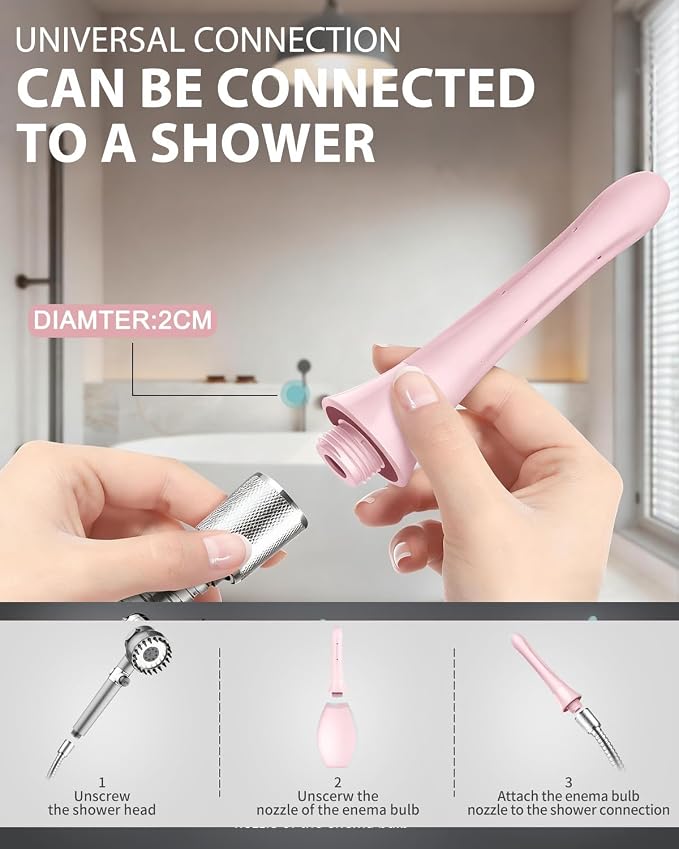 Enemas Anal Douches for Men Women - Enema Bulb with Soft Silicone Nozzles,Anti Backflow Shower Douche Enema Kit,Feminine Care Shower Enema Douche Kit Cleaner Flusher,Shower Tube Connectable,Pink