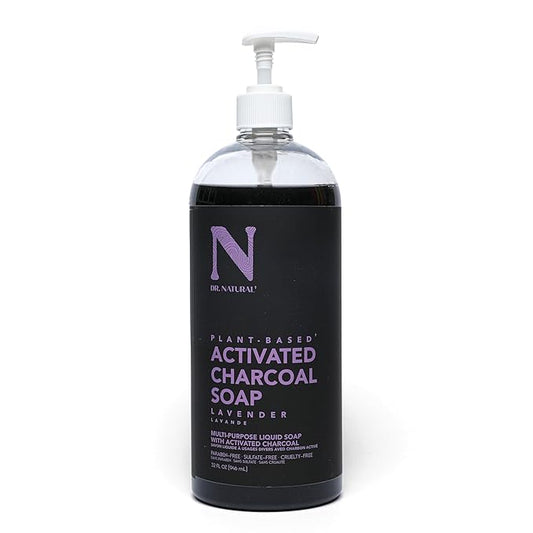Dr. Natural Activated Charcoal Liquid Soap - Anti Acne and Blemishes - Deep Cleansing Body Wash - Gentle Body Soap for Clear Skin - Lavender - 32 oz..