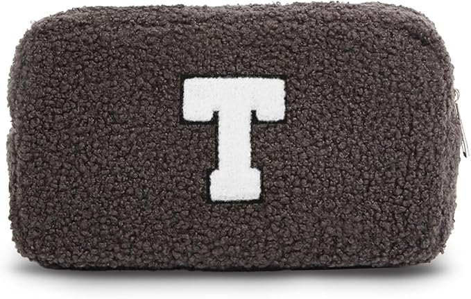 Cute Makeup Bag, Initial Cosmetic Bag, Fuzzy Makeup Bags for Women, Beauty Pouch with Chenille Letter, Personalized Cosmetic Pouch for Travel, Dark Grey T