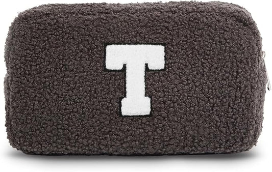 Cute Makeup Bag, Initial Cosmetic Bag, Fuzzy Makeup Bags for Women, Beauty Pouch with Chenille Letter, Personalized Cosmetic Pouch for Travel, Dark Grey T