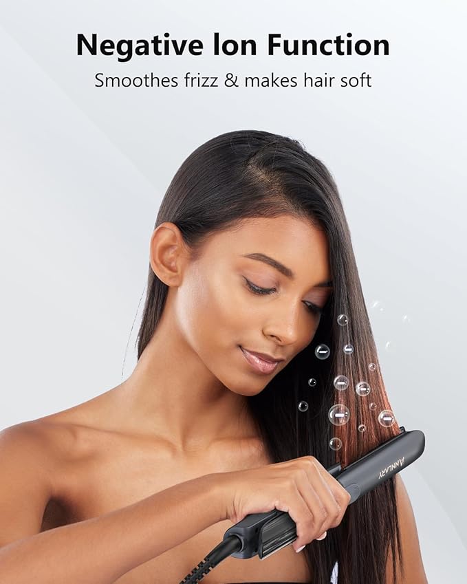 Annlary Hair Straightener 1 Inch Flat Iron and Curler 2 in 1 Titanium Ceramic Ionic Dual Voltage Straightener with Heat-Resistant Silicone, for Less Frizz, Shinier & Smoother