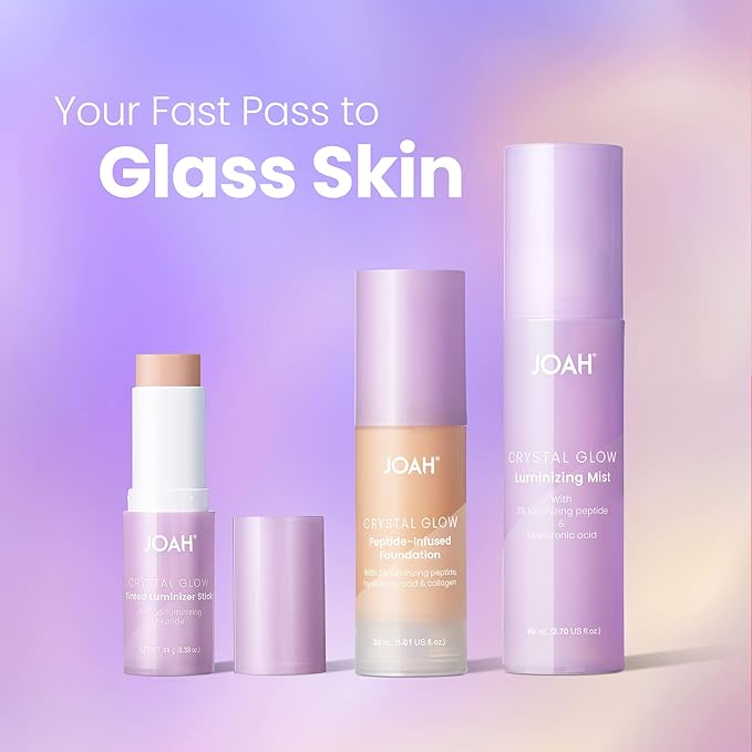 JOAH Crystal Glow Peptide-Infused Foundation, 2-in-1 Multitasking Korean Makeup with Blurring Face Primer, Luminizer, Hydration & Skin Defense for a Flawless Finish, 1.01 Oz, Tan Neutral