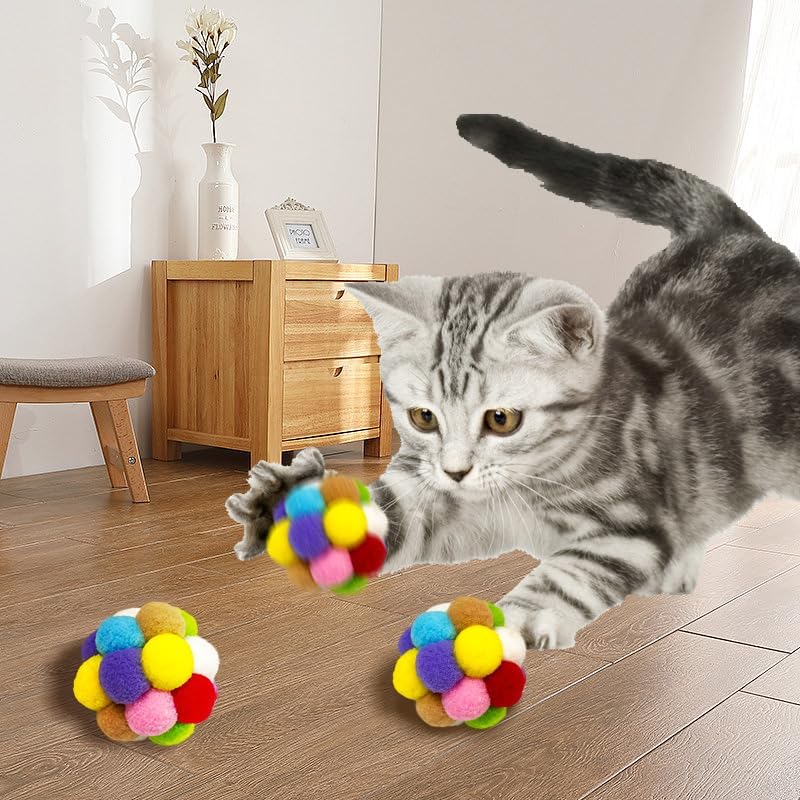 Cat Ball Toy Squeaky Cat Chase Pom Pom Cat Toys Bell Inside Self Play 6Pcs