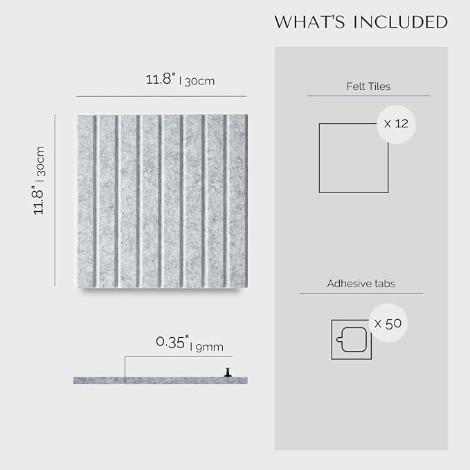 Large Felt Bulletin Board 48 x 36 Inch - 12-Pack Square Acoustic Wall Panels, Cork Board Alternative, NRC 0.95, Damage-Free Adhesive, Slatted Design for Home, Classroom (Marble)