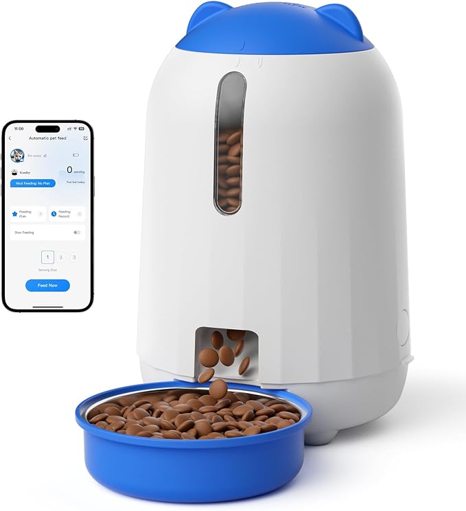 PAPIFEED Automatic Cat Feeder with App, 2.4G WiFi Cat Food Dispenser, 3L Timed Cat Feeders for Dry Food, 10 Meals/Day, 6 Portions/Meal, Dual Power Supply Smart Pet Feeder for Cat, Blue