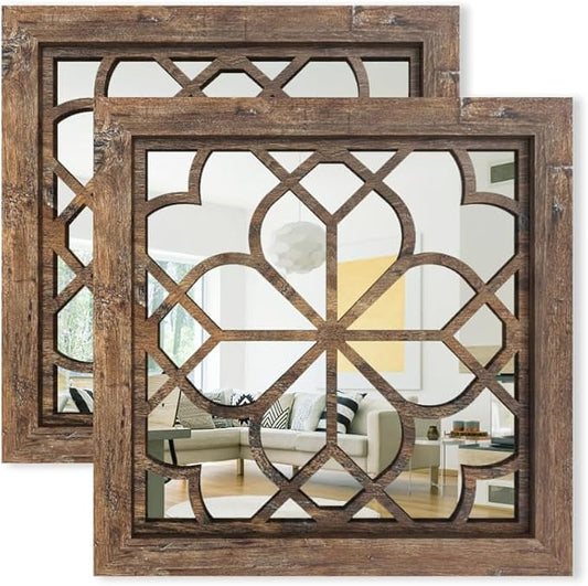 Set of 2 14 Inch Square Redbrown Window Pane Wall Mirrors, Shatterproof Rustic Farmhouse Boho Vintage Accent Mirrors for Living Room Bedroom Bathroom Entryway