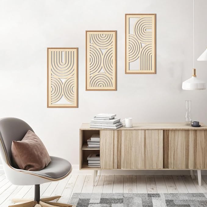 IARTTOP Boho Wooden Framed Wall Art Set of 3 Mid-Century Modern Wood Wall Decor Minimalist Natural Bohemian Home Decor for Living Room Dining Room Office
